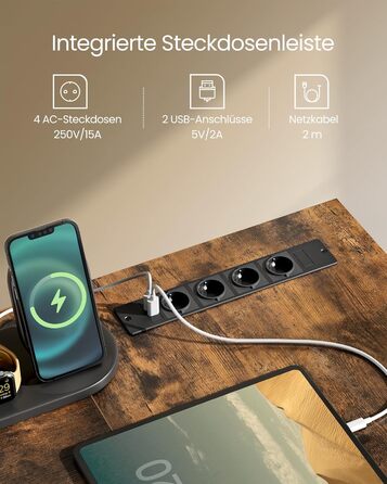 Комп'ютерний стіл VASAGLE L-подібний з розетками, LED-підсвічуванням та USB-портами, 150 x 120 x 76 см, для дому та офісу, вінтажний колір
