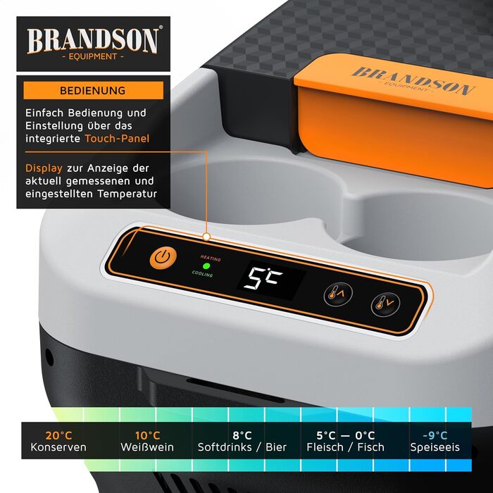 Електричний автохолодильник Brandson 10L (230V/12V) з функцією охолодження та підігріву до 65°C, Cool Grey Schwarz