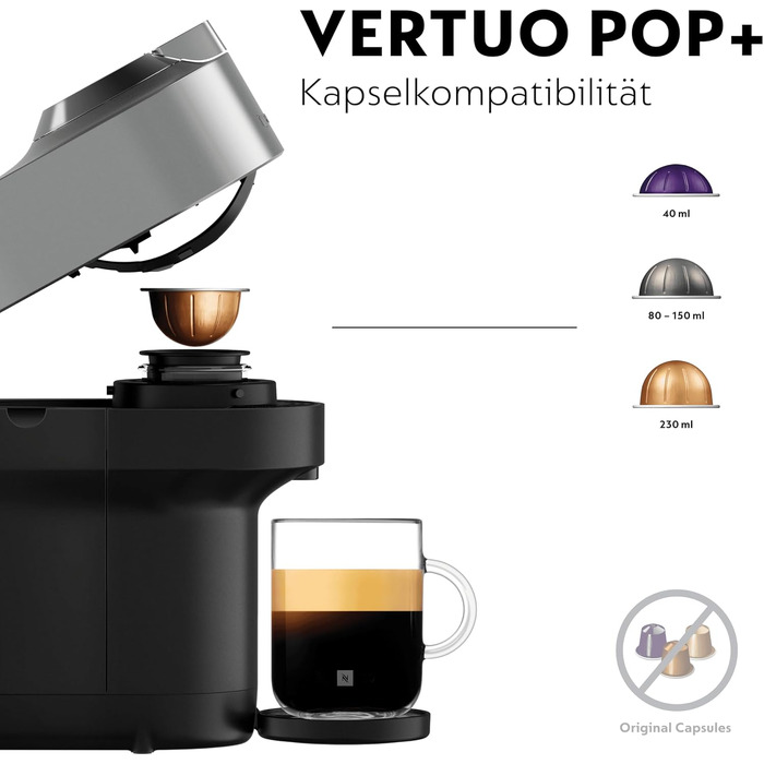 Кавомашина Nespresso Krups Vertuo Pop XN930T Титан 560 мл, капсульна, автоматичне розпізнавання капсул, 4 розміри чашок