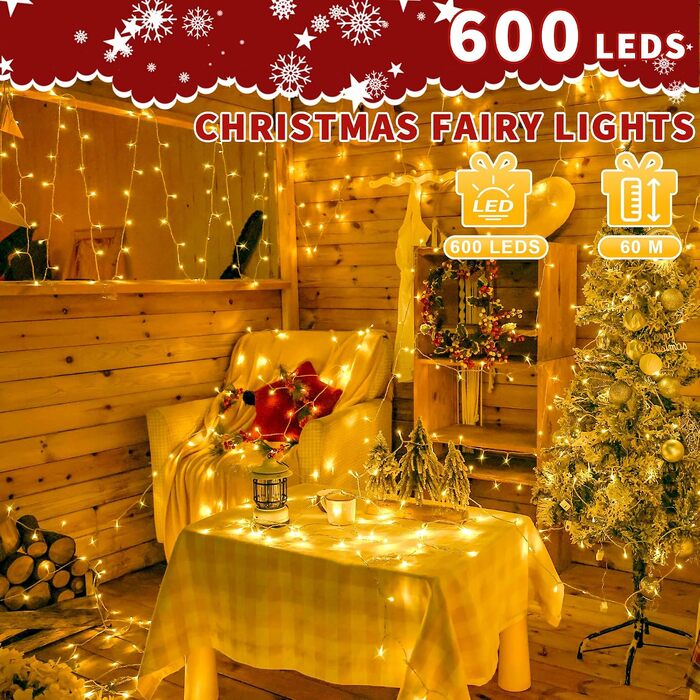 Світлодіодна гірлянда Auriostar для вулиці 60м, 600 LED, теплий білий колір, з таймером