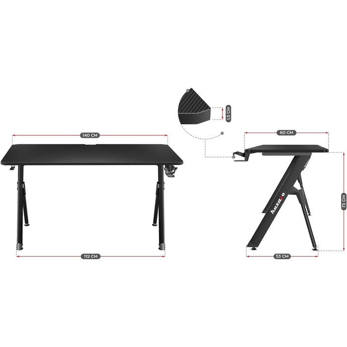 Геймерський кутовий стіл Huzaro Hero 2.8 XXL, чорний, 140x60 см, карбонова стільниця, для комп'ютера та офісу, з кабель-кліпсами