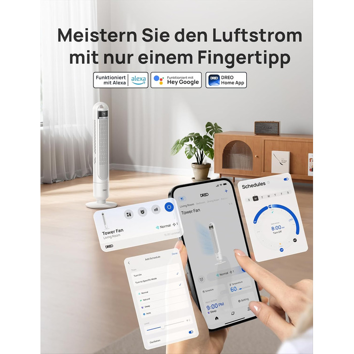 DREO Smart вентилятор без лопатей для спальні, тихий (28 дБ), висота 91.5 см, 4 режими, 3 режими роботи, таймер 8 год, керування через App, Alexa/Google, 90° поворот, для дому/офісу, білий