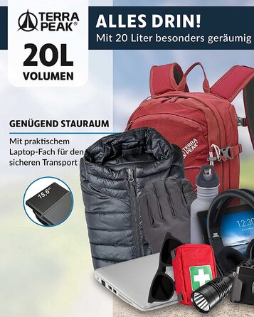 Рюкзак для туризму Terra Peak Flex 20 л, преміум, з вентиляцією спини, питною системою та дощовиком, темно-червоний, поліестер 3D Air Mesh, з поясним ременем