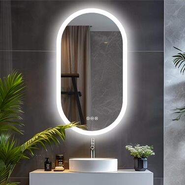 Дзеркало для ванної кімнати LUVODI овальне зі світлом, 50x80 см: LED, сенсорне керування, антизапар, 3 кольори, регулювання яскравості, пам'ять