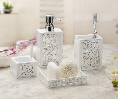 Набір аксесуарів для ванної кімнати Creative Scents – білий та сірий. 4 предмети: дозатор для мила, мильниця, тримач для зубних щіток, чашка.