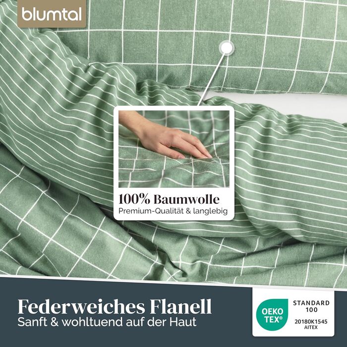 Бетліня Blumtal Biber 200x200 + 2x 80x80 см, бавовна, фланель, Oeko-TEX, преміум якість, зимова, двостороння, тауп (зелений малюнок)