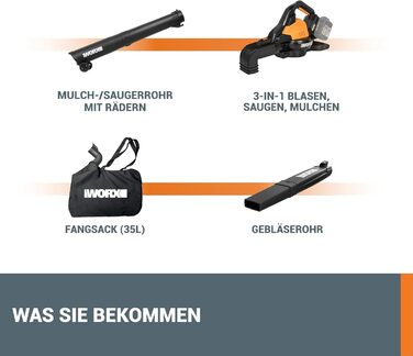 WORX WG505E Trivac: електроприлад 3-в-1 - повітродувка, пилосос та мульчер. Потужність 3000 Вт, швидкість повітря 335 км/год, об'єм всмоктування 600 м³/год, з мішком для збору листя 45 л.