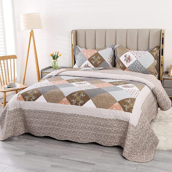 Покривало стьобане Qucover Patchwork 230x250 см для двоспального ліжка, комплект з 2 наволочками 50x70 см, зимовий, поліестер, двосторонній візерунок