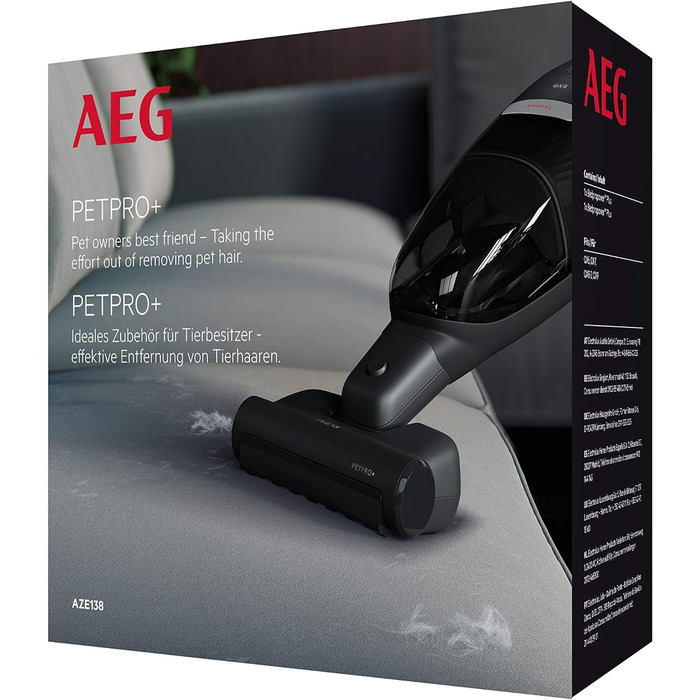 AEG AZE138 PetPro+ турбощітка для прибирання шерсті тварин, для диванів, меблів і авто, глибоке очищення, підходить для пилососів QX6, QX7, QX8-2, QX9, чорна