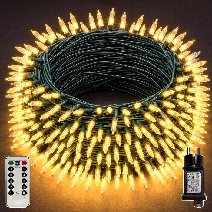 Світлодіодна гірлянда для вулиці 25м, 500 LED, теплий білий колір, IP44 вологозахищена, з пультом, таймером та 8 режимами роботи, зелений кабель для саду та тераси
