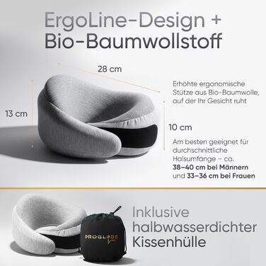 Подорожня подушка для шиї Proglobe Luxe з ефектом пам'яті (Memory Foam), з підтримкою підборіддя та компресійним чохлом, світло-сіра