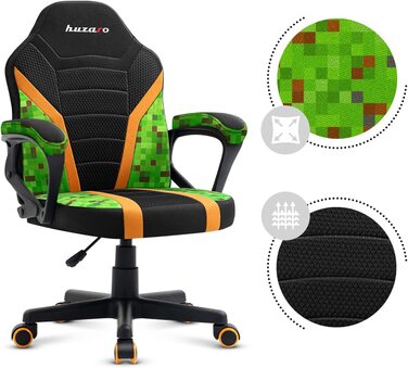 Дитяче ігрове крісло Huzaro Ranger 1.0 – ергономічне комп'ютерне крісло для геймерів з підлокітниками, регулюванням висоти, гумовими колесами, піксельна сітка, сучасний дизайн