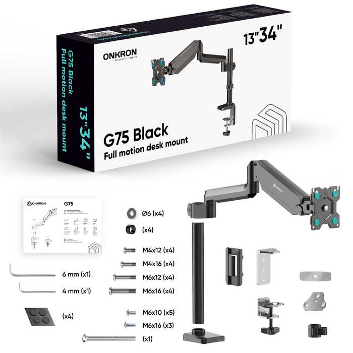 Кронштейн для монітора ONKRON G75-B, 13-34 дюйми, до 12 кг, настільний, чорний