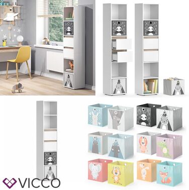 Дитячий стелаж Vicco Robert, білий/дуб сонома, 36.2x171 см, з складними коробами (сірі, різнокольорові)
