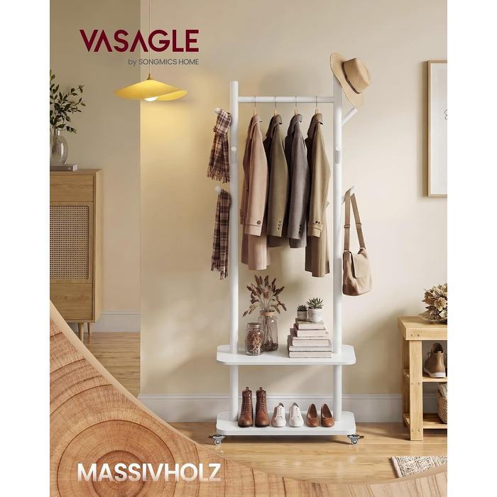 Вішалка-гардероб VASAGLE з 7 гачками, 2 полицями та 4 колесами, колір білий