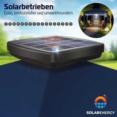 Павільйон KESSER 3x3 м з LED-підсвіткою на сонячних батареях, віддалене керування, водонепроникний садовий намет з регулюванням висоти, UV-захист 50+, сумка та анкери, синій