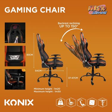 Ігрове крісло Konix Naruto Shippuden Premium, PVC-шкіра, ергономічне, з подушками для попереку та шиї, нахил 150°, дизайн Хокаге, чорне з помаранчевим