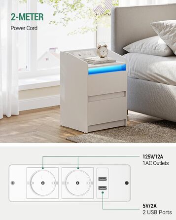 Приліжкові тумби з LED-підсвіткою, зарядною станцією, 2 шухлядами, USB-портами та розетками, стильні та універсальні, чорні, ідеальні для спальні та вітальні, модель NS30004X