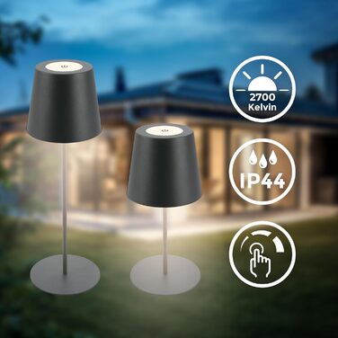 B.K.Licht Бездротова LED настільна лампа IP44 з диммером, сенсорним керуванням, акумулятором, змінною світлодіодною лампою, для спальні, читання, кемпінгу, для вулиці, антрацит, 36х10,5 см