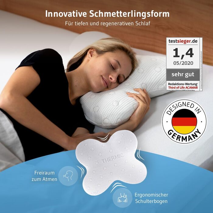 Ортопедична подушка для тих, хто спить на боці Acamar Thermic Ivory, комплект з чохлом, для профілактики болю в шиї, з піною з пам'ефекту, ергономічна подушка з термо-чохлом Acamar