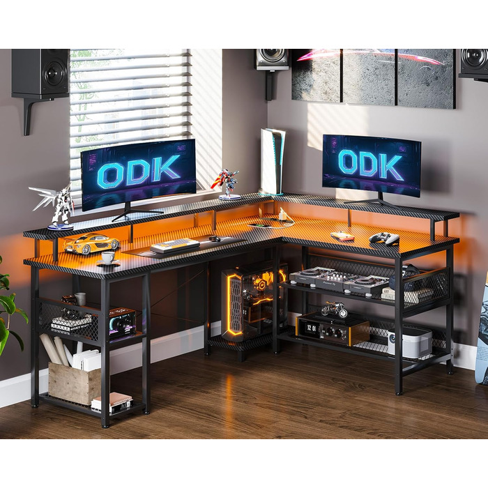 Ігровий стіл ODK з LED-підсвіткою, реверсивний кутовий комп'ютерний стіл 168×120 см, з 2 розетками, 2 USB-портами, мережева полиця, карбон, чорний