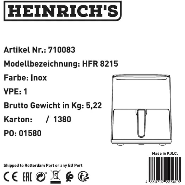 Аерофритюрниця HEINRICHS XXL 9L 10-в-1 з LED-дисплеєм та сенсорним керуванням, потужність 1800W, кошик, що миється в посудомийній машині