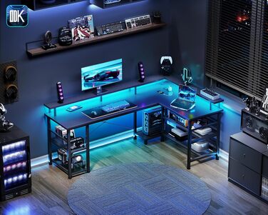 Ігровий кутовий стіл ODK з LED-підсвіткою та USB-портом, 168×120 см, чорний вугіль (карбон)