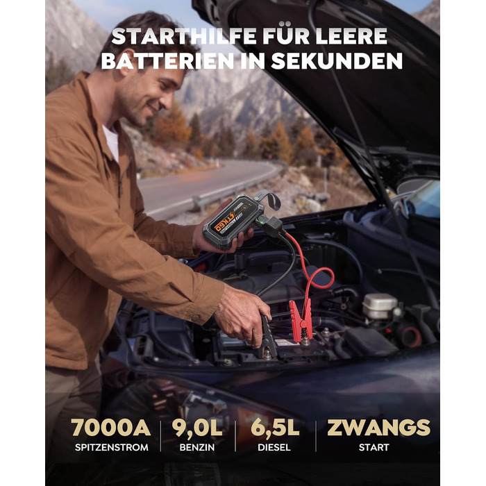 Бустер для автомобіля TREKURE 7000A — Пусковий пристрій (Powerbank) для авто до 9л бензин та 6.5л дизель, з функцією примусового запуску, магнітним кріпленням та 4-в-1 LED робочим світлом, чорний