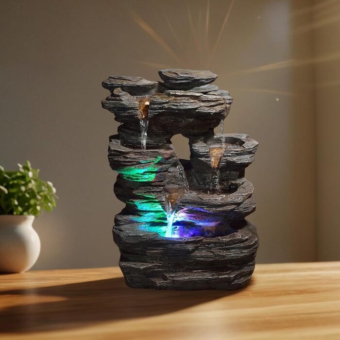 Декоративний настільний фонтан Zen’Light Pietra з ефектом каменю, кольоровою підсвіткою та штучного каменю для медитації та релаксу, 35 см