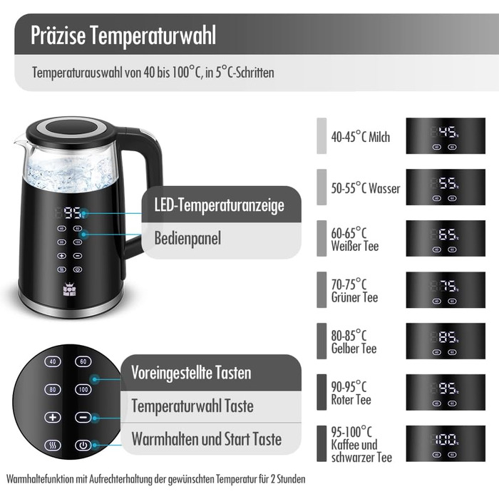 Електрочайник ForMe 1,7 л, скляний, з регулюванням температури 40-100°C, LED-дисплей, BPA Free, з функцією підтримки тепла