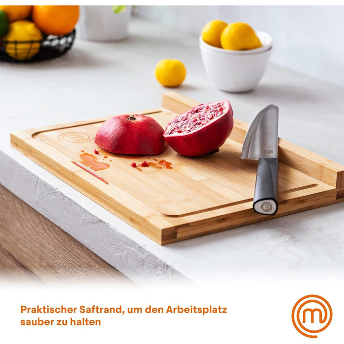 Дошка для нарізання MasterChef з бамбука, кухонна дерев'яна дошка з сокозбірником і бортиком, для м'яса, хліба, сиру, натуральна, екологічна, 38.5x26.5x2 см