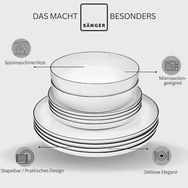 Набір кавових чашок SÄNGER Marlo Black Rim, 6 шт., порцеляна, 350 мл, білі з чорним акцентом, для кави та чаю, преміум якість