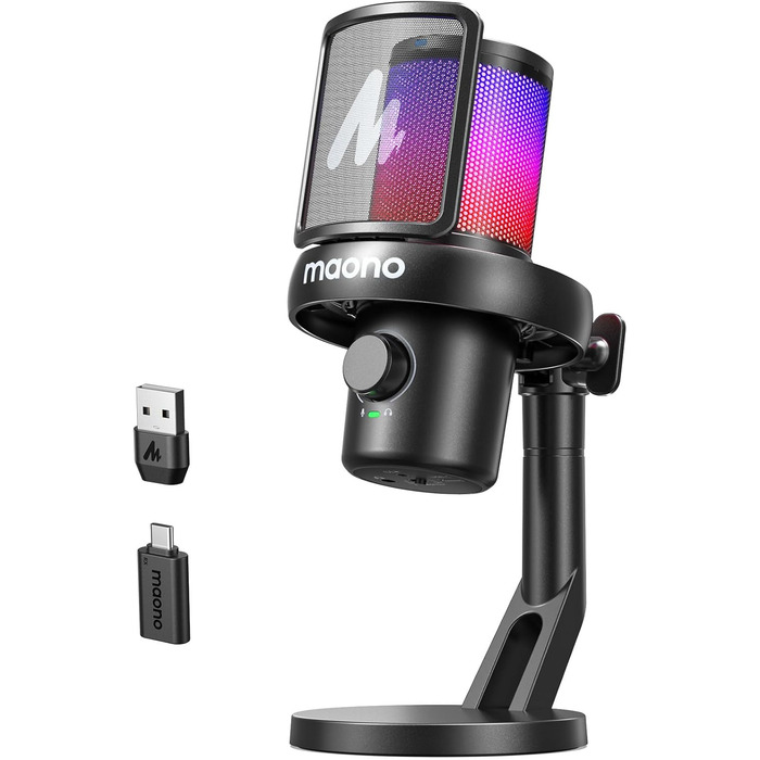 MAONO DM40 Бездротовий мікрофон для ПК з RGB-підсвіткою та ШІ-зміною голосу, шумозаглушення, для геймінгу, подкастингу та стрімінгу (Чорний)