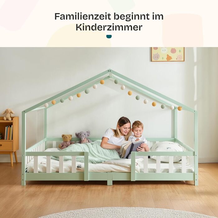Дерев'яне ліжко для дітей Treviolo з захистом від падіння, Montessori, 140x200 см, сосна, колір дерева (м'ятний/білий)
