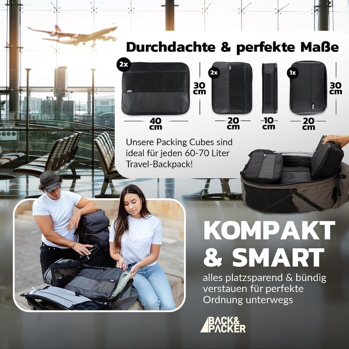 Набір компресійних органайзерів для подорожей BACK&PACKER® (6 предметів) — сумки-пакувальники з переробленого матеріалу для валізи та рюкзака, включаючи мішок для вологого одягу, чорний