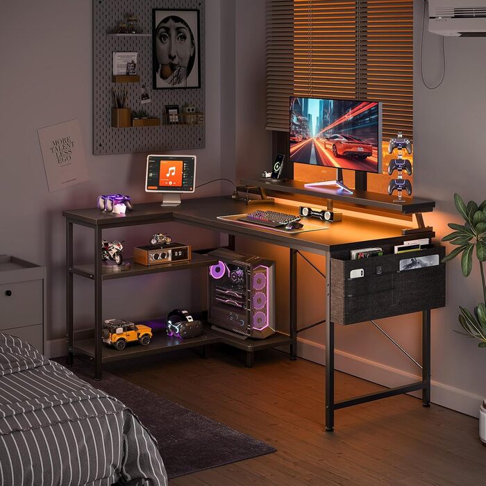 Ігровий кутовий стіл Coleshome з полицями та USB-розетками, 120x80 см, чорний