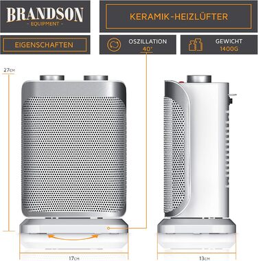 Керамічний обігрівач Brandson 1500 Вт, енергоощадний, безшумний, 2 режими, для ванної кімнати, плавне регулювання температури, термозахист, сріблясто-білий