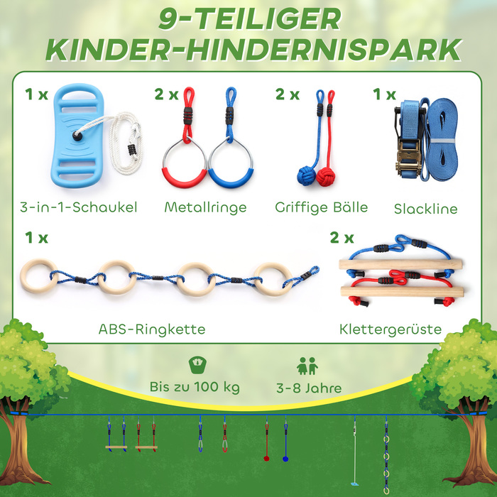 Набір для Slackline Ninja Line Kinder 10м, 9-елементний, з 2 кільцями для гімнастики та 3-в-1 гойдалкою, 2 турніками для дітей 3-8 років, багатокольоровий