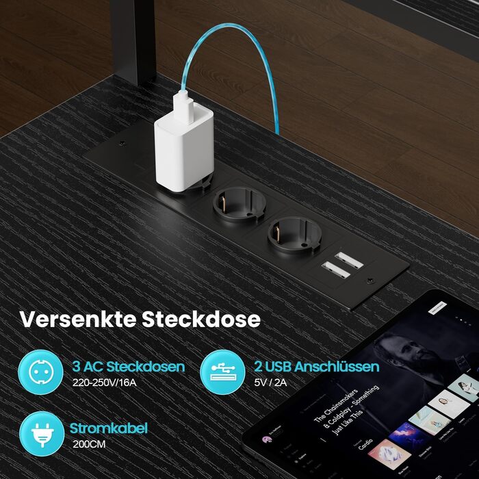 Ігровий стіл L-подібний 170x100 см з LED, 3 розетки, 2 USB, стіл для геймінгу та офісу, чорний