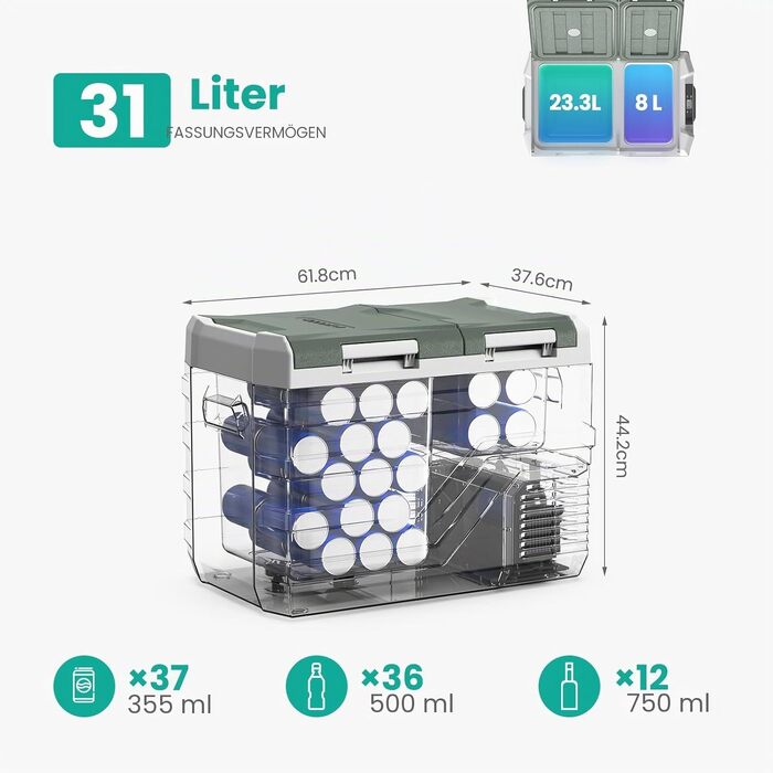 Автомобільний компресорний холодильник Alpicool 31L, 12/230V, подвійна зона, для кемпінгу, риболовлі, подорожей -20℃ до +20℃, зелений