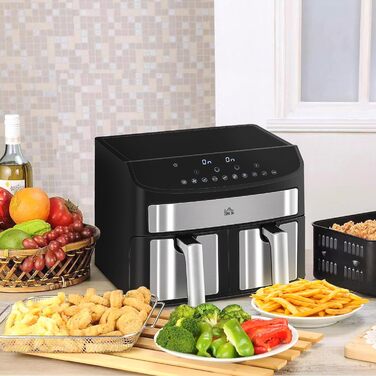 Аерофритюрниця HOMCOM 8 л з двома камерами, 2400 Вт, 10 програм, сенсорне управління, без олії, чорна