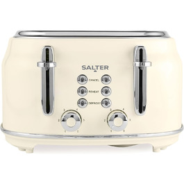 Тостер Salter Retro на 4 скибки, широкі слоти, 6 режимів підсмажування, функції розморожування, підігріву, скасування, знімний піддон для крихт, самовирівнювання, 1630 Вт, кремовий, EK5739CRMVDE