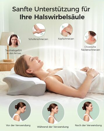 Ортопедична подушка для шиї з піни Memory Foam, ергономічна підтримка для комфортного сну, з підставкою під руки для сну на спині, животі та боку, сіро-біла