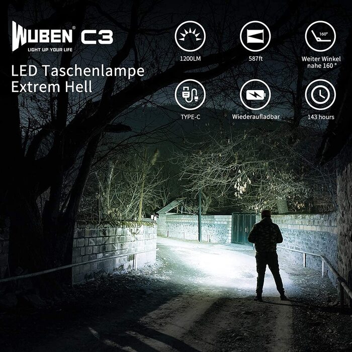 Ліхтарик WUBEN C3 LED, надяскравий, USB-C, 1200 люмен, IP68, 6 режимів, тактичний, компактний, водонепроникний, для кемпінгу, туризму, надзвичайних ситуацій, чорний
