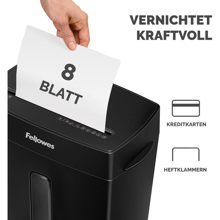 Fellowes FS-8C: Шредер для паперу 8 листів, чорний, Cross Cut, 15л, знищення кредитних карт