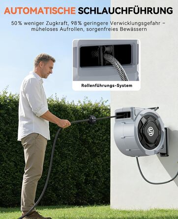 Шланговий барабан SUNPOW настінний 30м для саду, тераси та двору. Автоматичний намотувач, поворотна стійка 180°, 10 функцій розпилення, діаметр 16 мм.