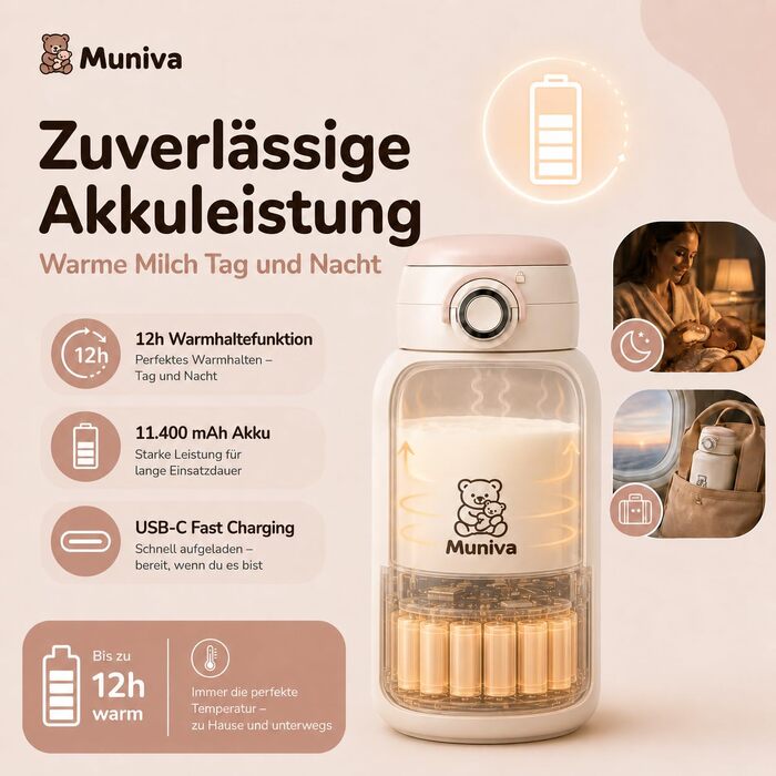 Портативний підігрівач пляшечок для годування Muniva® на 450 мл з режимом підтримки тепла, для подорожей