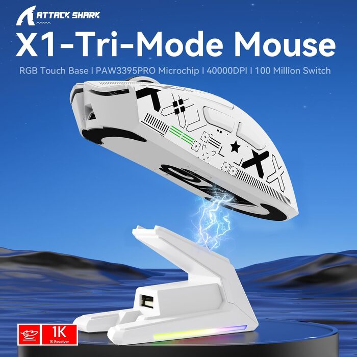 Ігрова миша Attack Shark X1 White: сенсор PixArt PAW3395PRO, 40000 DPI, вага 53г, RGB док-станція з тачпадом, бездротова (BT/2.4G) та дротова, для Windows, Xbox, PS, Mac