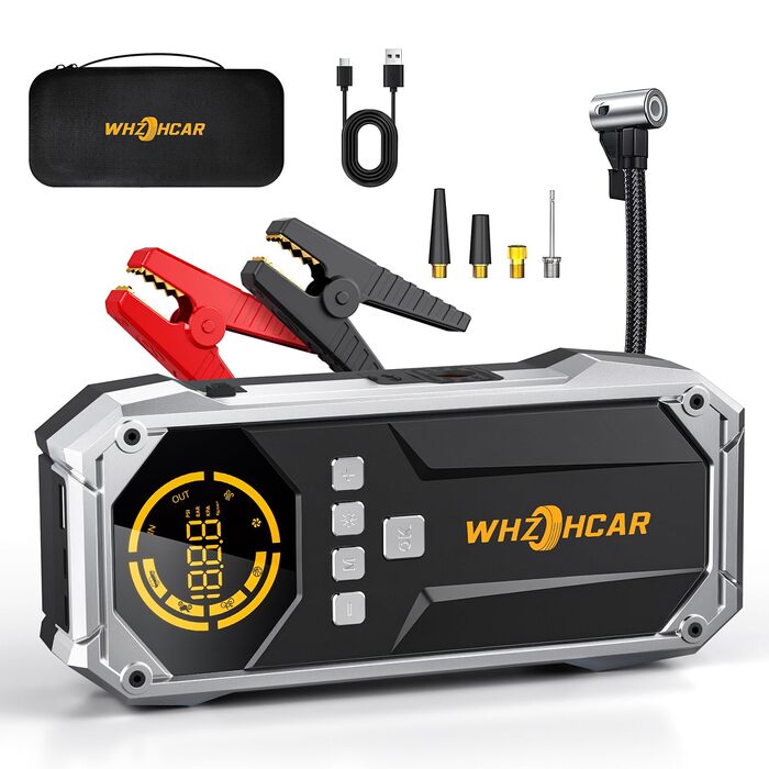 Портативний пусковий пристрій Starthilfe Powerbank 6000A з компресором, ліхтарем Lumen та LCD-дисплеєм. Чорний