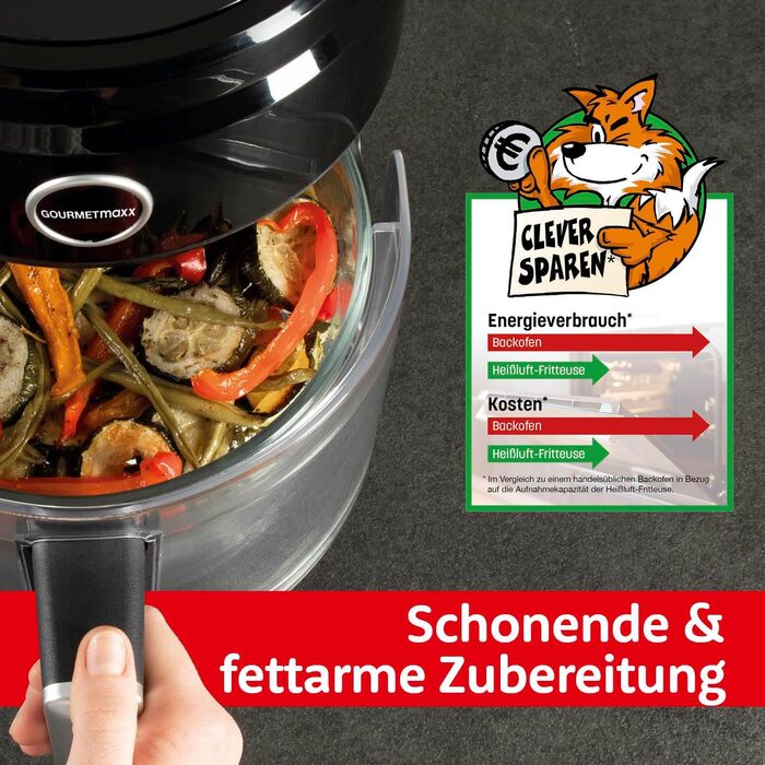 Цифрова аерофритюрниця GOURMETmaxx 3,3 л, скляна чаша, 1400 Вт, чорна/прозора, безжирне смаження, таймер